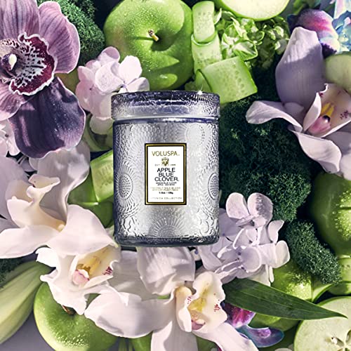 Voluspa Apple Blue Clover Candle | Small Glass Jar with Matching Glass Lid | 5.5 Oz | All Natural Wicks and Coconut Wax for Clean Burning | Vegan