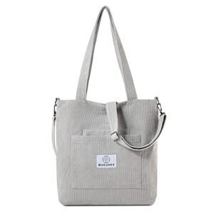 makukke corduroy tote bag with zipper, women’s shoulder purses for office school shopping travel (gray)