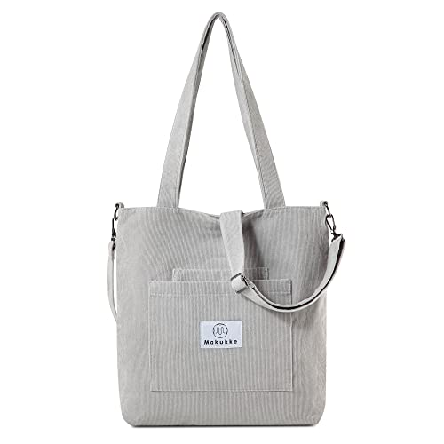 Makukke Corduroy Tote Bag with Zipper, Women's Shoulder Purses for Office School Shopping Travel (Gray)