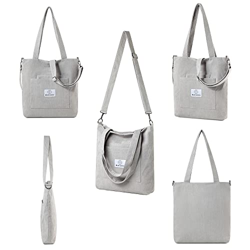 Makukke Corduroy Tote Bag with Zipper, Women's Shoulder Purses for Office School Shopping Travel (Gray)