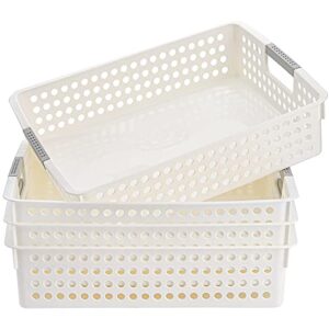 bekith 4 pack plastic storage tray basket, a4 paper storage organizer basket, classroom office school file holder, 14 inches x 10 inches x 3.4 inches, white