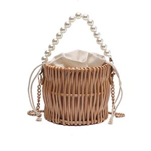 pearl hand woven handbag straw woven rattan crossbody bag vintga bamboo handbag, handmade tote bamboo purse, straw beach bag for women or girl