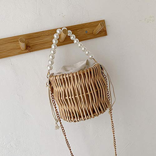 Pearl Hand Woven Handbag Straw Woven Rattan Crossbody Bag Vintga Bamboo Handbag, Handmade Tote Bamboo Purse, Straw Beach Bag For Women Or Girl
