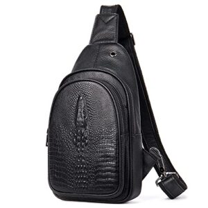 niucunzh crocodile leather sling bag with leather strap, 3 zipper crossbody shoulder bags for travel hike everyday carry black