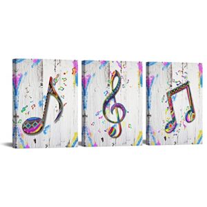 artsbay 3 pieces music canvas wall art colorful notes boho print on wooden backdrop picture canvas print painting modern music wall home decor for living room bedroom kids office 12×14 inches