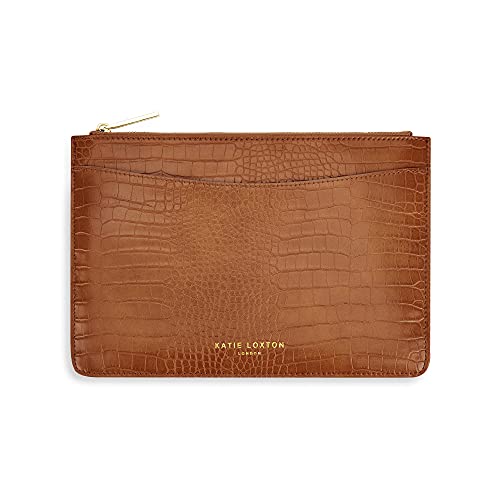 KATIE LOXTON Cara Faux Crocodile Womens Medium Vegan Leather Slip Pocket Clutch Pouch Cognac