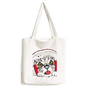 red headset white cat protect animal pet lover tote canvas bag shopping satchel casual handbag