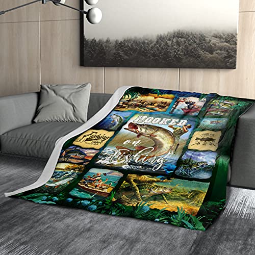 DZGlobal Bass Fish Theme Thick Flannel Blanket - Green Jungle Throw Blanket Home Decor Fishing Woolen Blanket Bed Sofa for All Season (60x50 Inches)