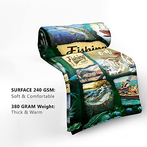 DZGlobal Bass Fish Theme Thick Flannel Blanket - Green Jungle Throw Blanket Home Decor Fishing Woolen Blanket Bed Sofa for All Season (60x50 Inches)