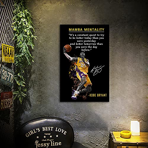 Kobe Bryant Inspirational Poster Canvas Wall Art • Mamba Mentality Quote Canvas Wall Art • Basketball Player Sports Home Decor • Motivational Artwork For Home,Office,Gym Wall Decor Framed Ready to Hang