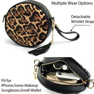 Women Round Cross Body Bag Tassel Circle Purse Chain Shoulder Handbag Clutch Wristlet (Leopard)