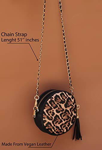 Women Round Cross Body Bag Tassel Circle Purse Chain Shoulder Handbag Clutch Wristlet (Leopard)