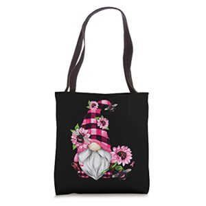 breast cancer gnome pink bees, sunflowers and ribbons cancer tote bag