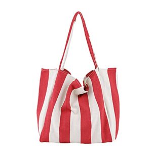 Women's Tote Bag Large Size Canvas Striped Beach Bag Shoulder Bag Hobo Bag Daily Working Handbag Big Capacity Shopping Bag (Red-A)