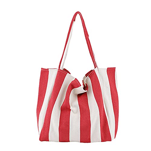 Women's Tote Bag Large Size Canvas Striped Beach Bag Shoulder Bag Hobo Bag Daily Working Handbag Big Capacity Shopping Bag (Red-A)