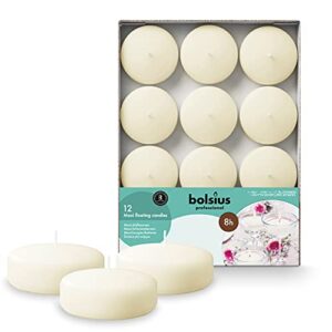 bolsius unscented floating candles – pure rich creamy 3″ ivory, set of 12 – european quality – imbue breathtaking ambiance for romantic wedding centerpieces, decorations, events, pool, holiday parties