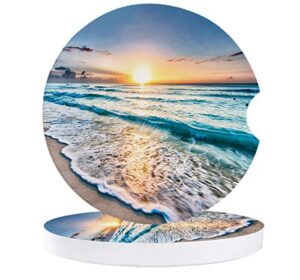 small car coasters for cup holders 2.65″ absorbent 2 pack car coaster ceramic stone for drinks absorb water drops ocean theme sand beach wave sea water pattern