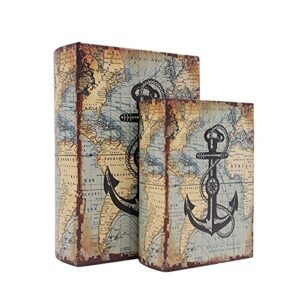 decorative book box antique wooden realistic faux wood set of 2 or 3 storage set for home decorations,gifts, jewelry (nautical)