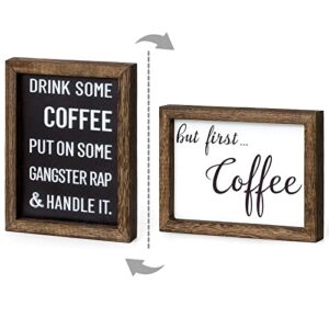 mkono 1 pcs coffee signs decor farmhouse coffee table decor 2 sides with different sayings rustic wood coffee sign, office home bar wall table decor