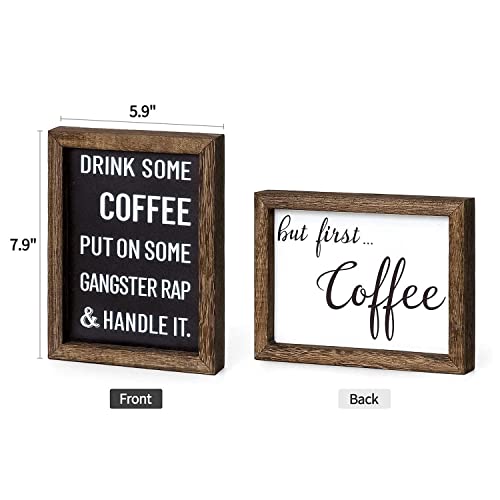 Mkono 1 Pcs Coffee Signs Decor Farmhouse Coffee Table Decor 2 Sides with Different Sayings Rustic Wood Coffee Sign, Office Home Bar Wall Table Decor