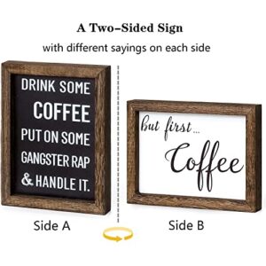 Mkono 1 Pcs Coffee Signs Decor Farmhouse Coffee Table Decor 2 Sides with Different Sayings Rustic Wood Coffee Sign, Office Home Bar Wall Table Decor