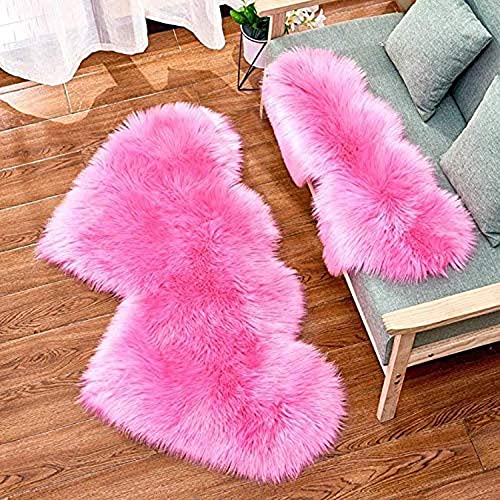 Area Rug, Modern Carpet 2'x4' Area Rug, Anti-Skid Double Heart Shape Fluffy Faux Fur Rug Fuzzy Rug, Kids Bedroom Floor Carpet Mats Soft Shaggy Plush Area Rugs Nursery Rug (Hot Pink, 24 x 47in/ 2'x4')