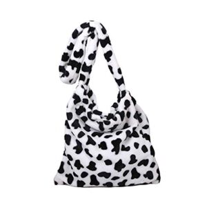 women leopard print shoulder bag fluffy plush clutch faux fur handbag tote bag (cow)