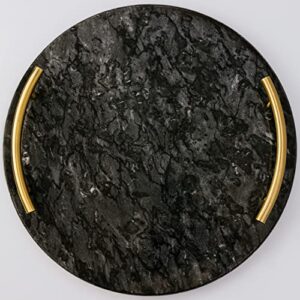 Black Marble Decorative Tray (12") | Marble Tray for Bathroom, Perfume Tray, Round Vanity Tray | Coffee Table Tray, Black Tray with Handles | Kitchen Counter Décor, Ottoman Tray for Living Room