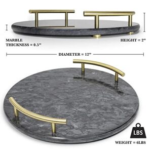 Black Marble Decorative Tray (12") | Marble Tray for Bathroom, Perfume Tray, Round Vanity Tray | Coffee Table Tray, Black Tray with Handles | Kitchen Counter Décor, Ottoman Tray for Living Room