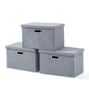 alphahome large storage bins with lids [3 pack], foldable linen fabric large storage baskets for organising clothes and toys(glaucous grey, large – 15.4 x 10.6 x 9.8)