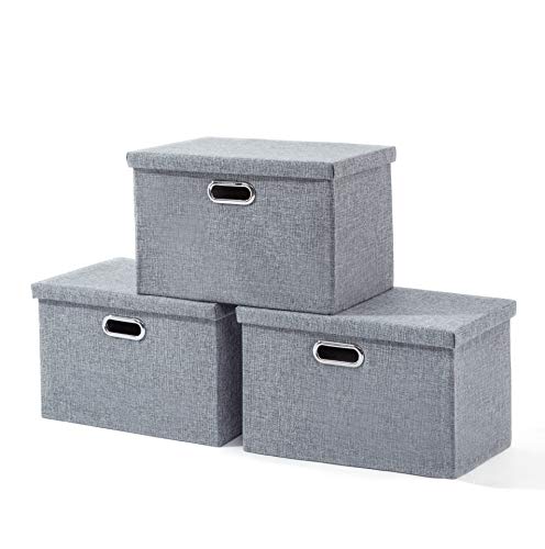 AlphaHome Large Storage Bins with Lids [3 Pack], Foldable Linen Fabric Large Storage Baskets for Organising Clothes and Toys(Glaucous Grey, Large - 15.4 x 10.6 x 9.8)