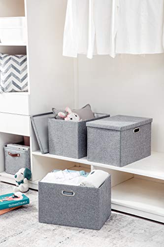 AlphaHome Large Storage Bins with Lids [3 Pack], Foldable Linen Fabric Large Storage Baskets for Organising Clothes and Toys(Glaucous Grey, Large - 15.4 x 10.6 x 9.8)