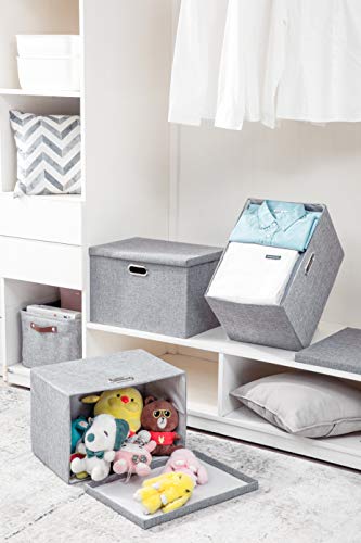 AlphaHome Large Storage Bins with Lids [3 Pack], Foldable Linen Fabric Large Storage Baskets for Organising Clothes and Toys(Glaucous Grey, Large - 15.4 x 10.6 x 9.8)