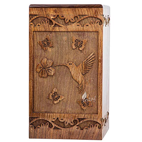 INTAJ Wooden Cremation Urn for Human Ashes, Adult INTAJ Rosewood Urn for Ashes, Humming Bird Funeral Cremation Urn Hand-Crafted - Burial Urn Box (Rosewood Birds, Large - 11.25Hx6.25W (250 Cu/in))