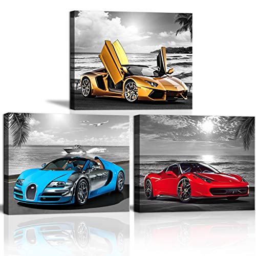 Car Poster Decor Black and White Wall Art Framed Car Art for Men Boys Bedroom Décor Sports Posters Landscape Office Room Decor Gift for Teen Boys