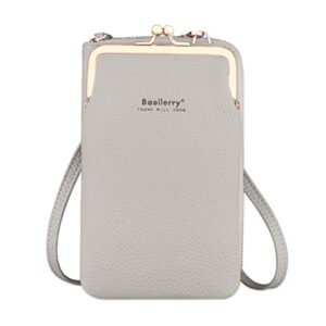 small crossbody phone bag lightweight pu leather phone purse for women with long shoulder strap card holder kiss-lock (gray)