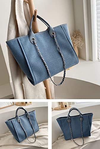 XACKWUERO Women Fashion Classic Canvas Bag Shoulder Handbag Tote Shopper Bag with Chain Shoulder Strap (A Blue)