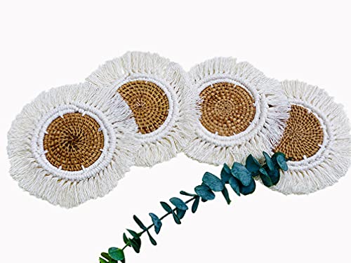 ConspiringUniverse Rattan Macrame Boho Coasters | Bohemian Set of 4 Table Decor Cute Coaster Woven with Flat Absorbent Center for Desk, White, Tan