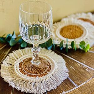 ConspiringUniverse Rattan Macrame Boho Coasters | Bohemian Set of 4 Table Decor Cute Coaster Woven with Flat Absorbent Center for Desk, White, Tan