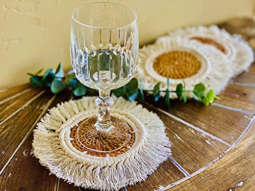 ConspiringUniverse Rattan Macrame Boho Coasters | Bohemian Set of 4 Table Decor Cute Coaster Woven with Flat Absorbent Center for Desk, White, Tan