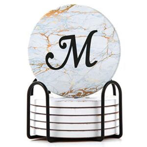 monogrammed coasters for drinks absorbents with holder, set of 6 ceramic marble style drink coaster with cork base,personalized coasters customizable with name, housewarming gifts