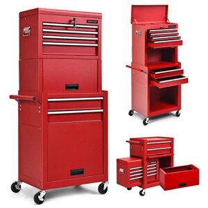 goplus 6-drawer rolling tool chest, 3-in-1 tool box organizer w/ auto locking system & lockable wheels & sliding drawers & detachable top, tool storage cabinet for garage workshop, red