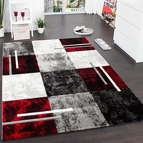 Paco Home Designer Rug Modern with Contour Cut Chequered in Silver Black Red, Size:6'7" x 9'6"