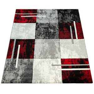 Paco Home Designer Rug Modern with Contour Cut Chequered in Silver Black Red, Size:6'7" x 9'6"