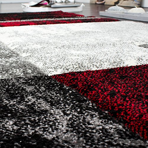 Paco Home Designer Rug Modern with Contour Cut Chequered in Silver Black Red, Size:6'7" x 9'6"