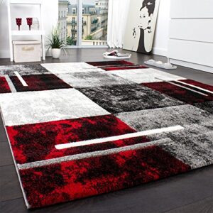 Paco Home Designer Rug Modern with Contour Cut Chequered in Silver Black Red, Size:6'7" x 9'6"