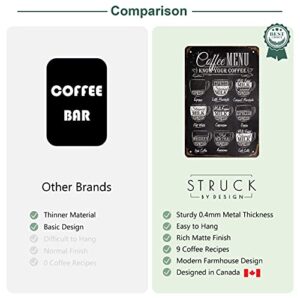 Struck By Design Coffee Menu Sign - 12x8in Coffee Sign w/ 6pcs Double Sided Tape - Easy to Hang Coffee Bar Accessories - Trendy Farmhouse Coffee Bar Sign - Coffee Decor for Kitchen or Coffee Bar Shelf