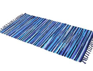 serenita chindi rug reversible rag cotton hand woven throw area rugs for kitchen bedroom bathroom livingroom washable stripe blue 22″ x 36″