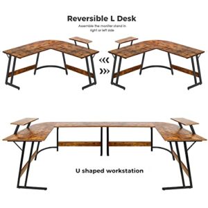 Lufeiya L Shaped Computer Desk Corner Office L-Shaped Desks for Small Space Home Student Study Bedroom Writing Table, 51 Inch with Monitor Stand Rustic