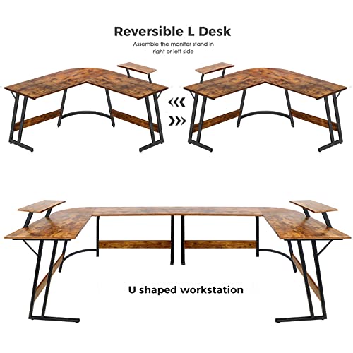 Lufeiya L Shaped Computer Desk Corner Office L-Shaped Desks for Small Space Home Student Study Bedroom Writing Table, 51 Inch with Monitor Stand Rustic